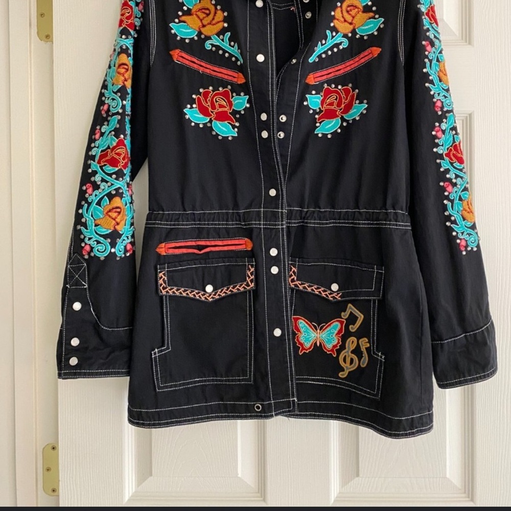 Double D Ranch Black and Red Utility Jacket with Vibrant Embroidery